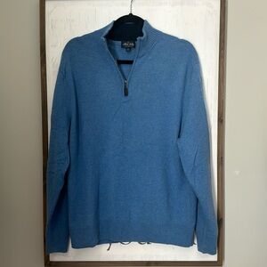 Allen Solly Men’s XL 100% blue cashmere sweater with brown leather 3/4 zip up
